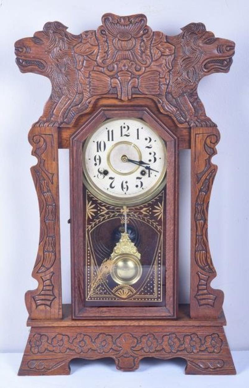 New Haven Clock Co Oak Gingerbread Shelf Clock