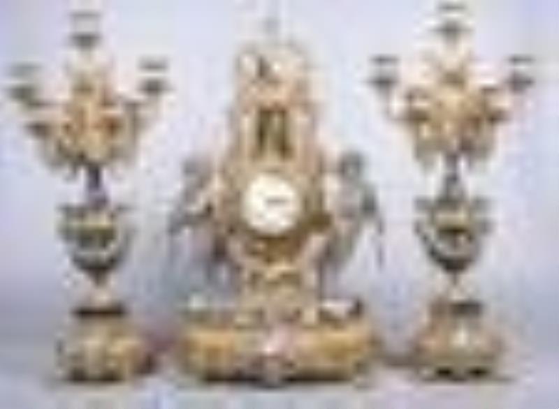 Repro 3pc French gilt metal and marble clock set