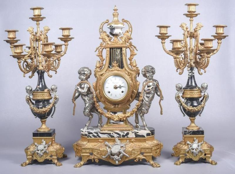 Repro 3pc French gilt metal and marble clock set