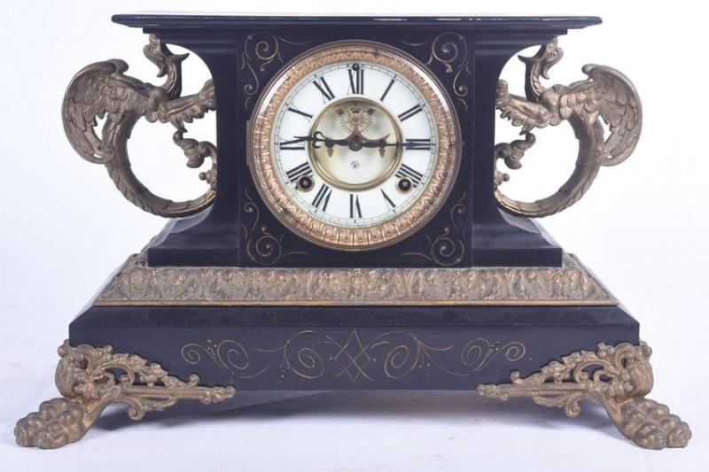 Ansonia ”Belgium” Enameled Iron Mantle Clock