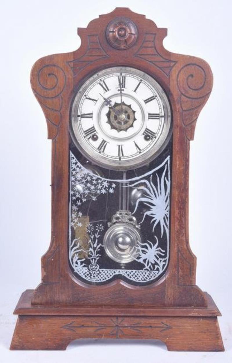 Walnut Victorian Mantle Clock w/incised carving