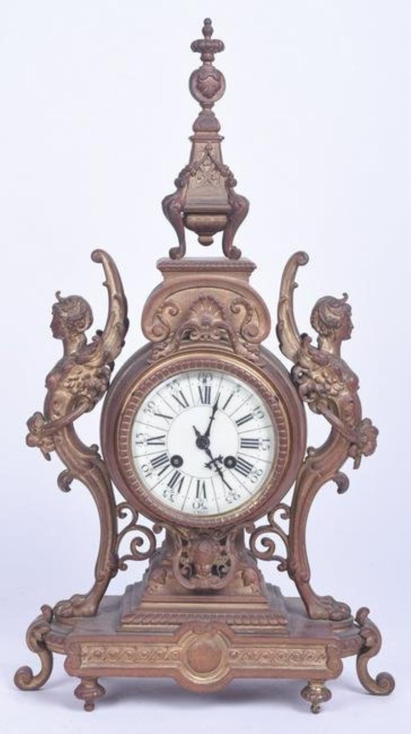 French bronze figural mantel clock
