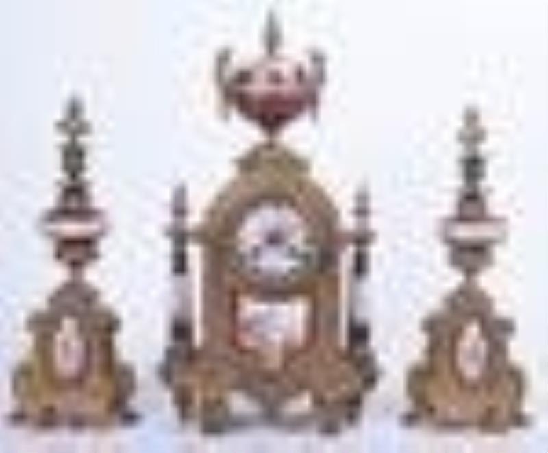 3-Piece patinated white metal French clock set