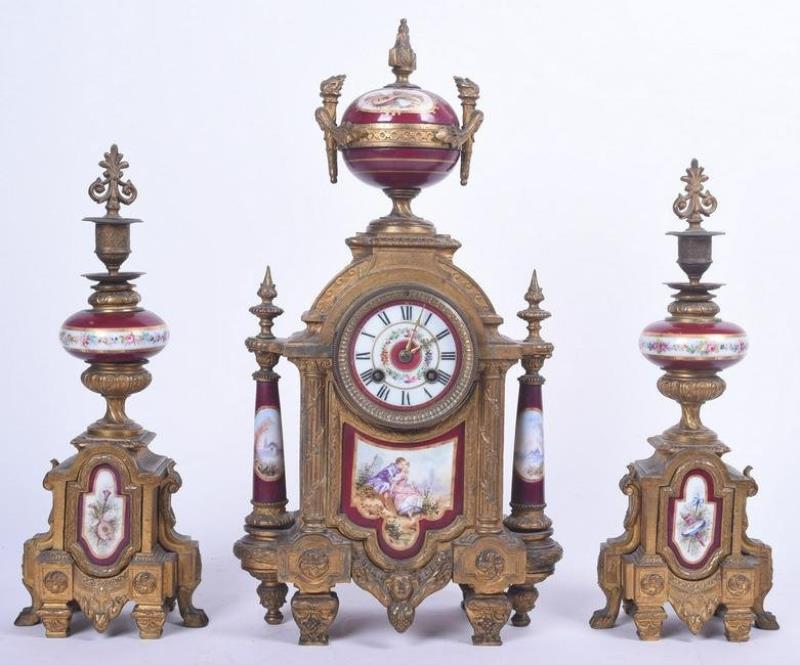 3-Piece patinated white metal French clock set