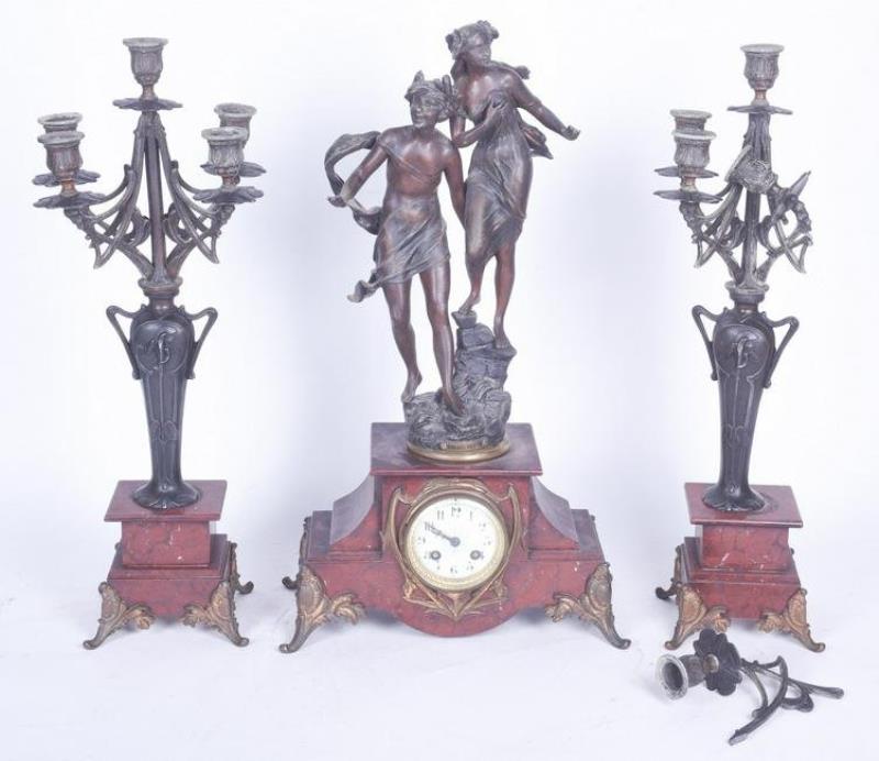 3 Pc French Rouge Marble Figural Mantel Clock Set