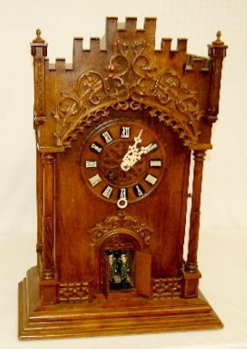 German 2 Trumpeter Walnut Shelf Clock