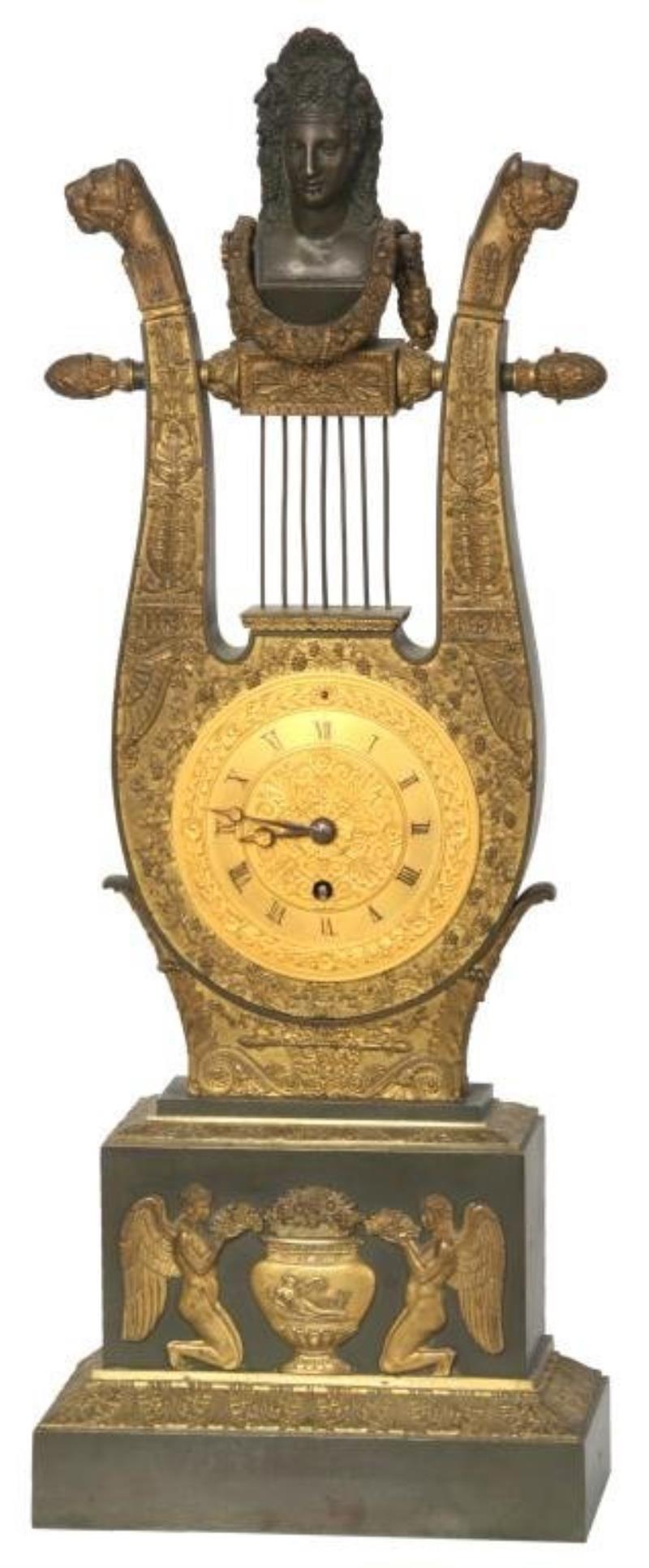 French Silk Thread Lyre Mantle Clock