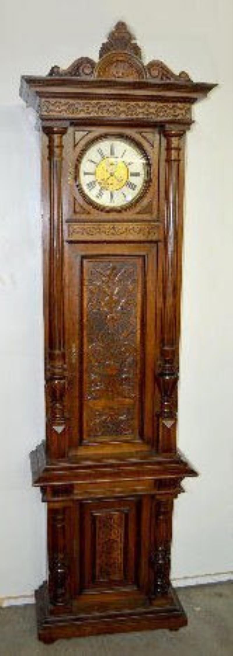 German Carved Walnut 1 Weight Tall Case Clock