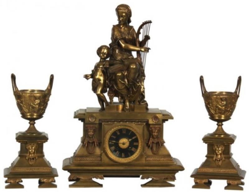 3 Pc. French Figural Bronze Clock Set