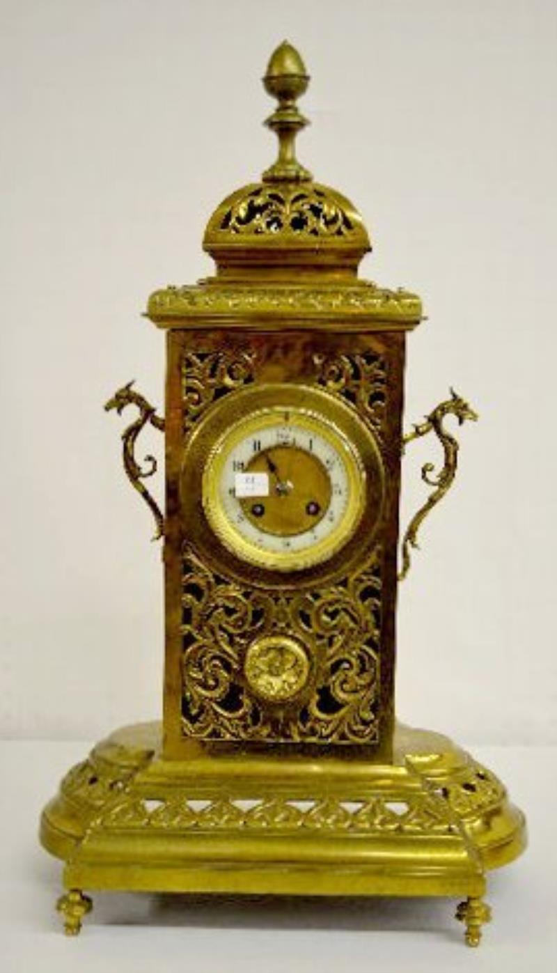 Antique French Brass Open Work Mantel Clock