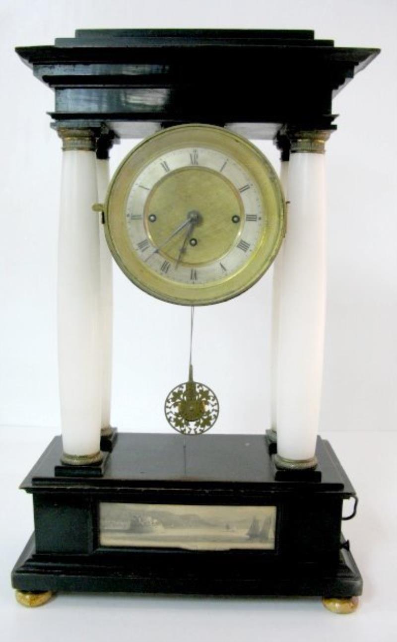 Silk String Pillar Clock w/Cylinder Music Box