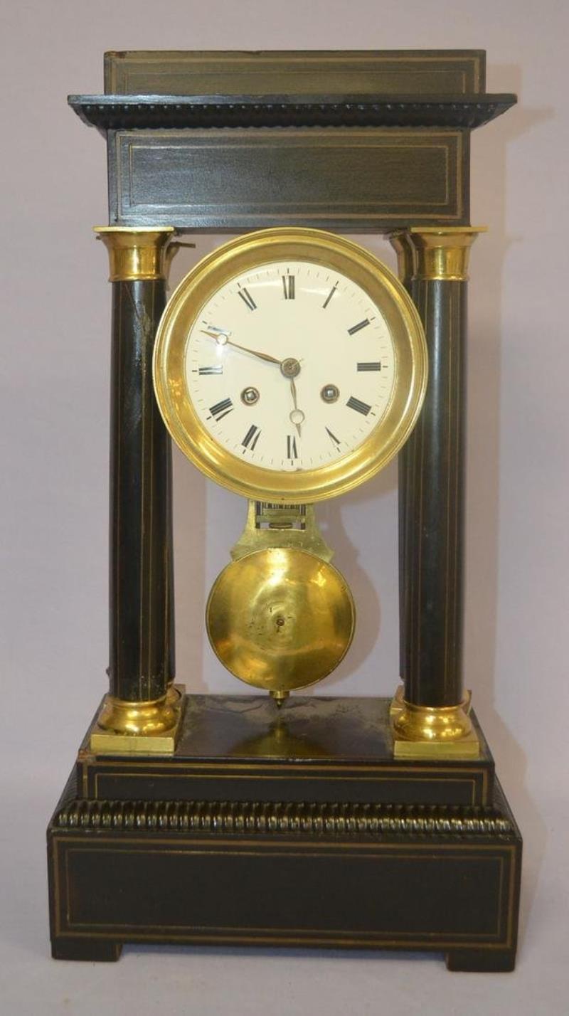 Antique Ebony Portico 4 Column Shelf Clock