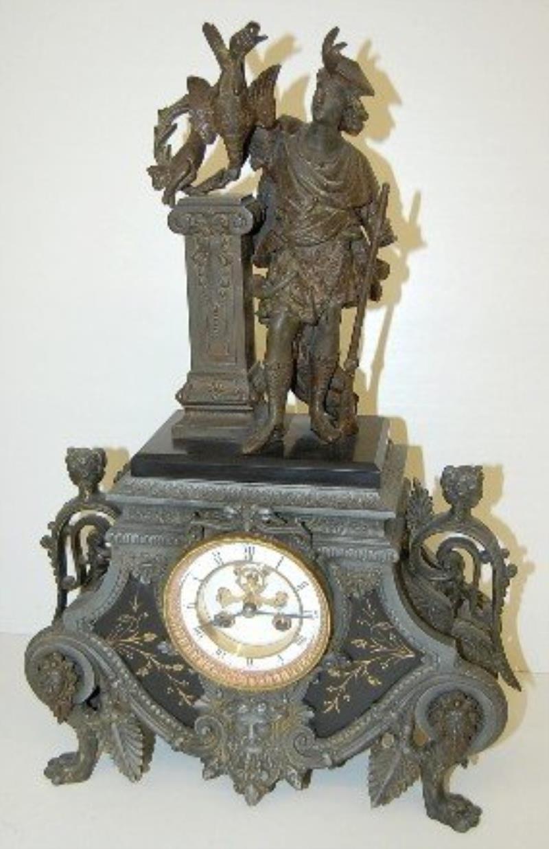 French Marble & Bronze Hunter Statue Clock