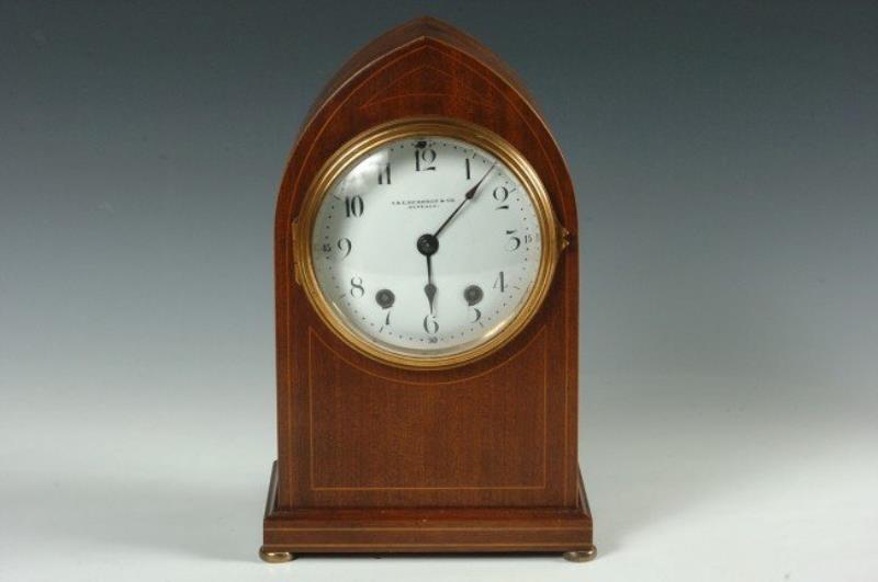 A SMALL GOTHIC SHAPE INLAID SETH THOMAS SHELF CLOCK