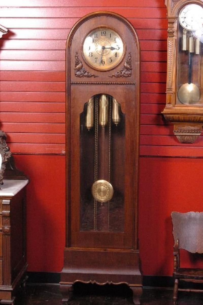 MAHOGANY GERMAN THREE WEIGHT HALL CLOCK