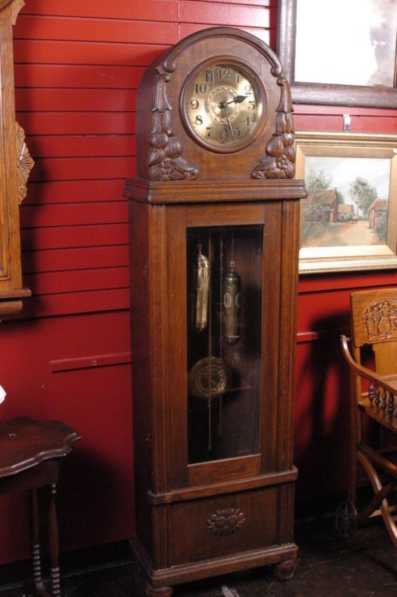 GERMAN CARVED OAK HALL CLOCK