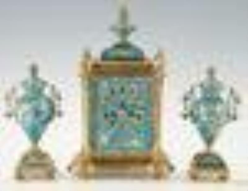3 Pc. Cloisonne and Ormolu Clock Garniture Set, Japy