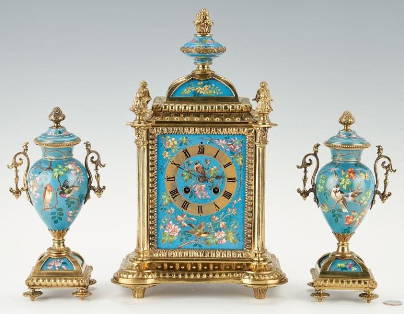 3 Pc. Cloisonne and Ormolu Clock Garniture Set, Japy