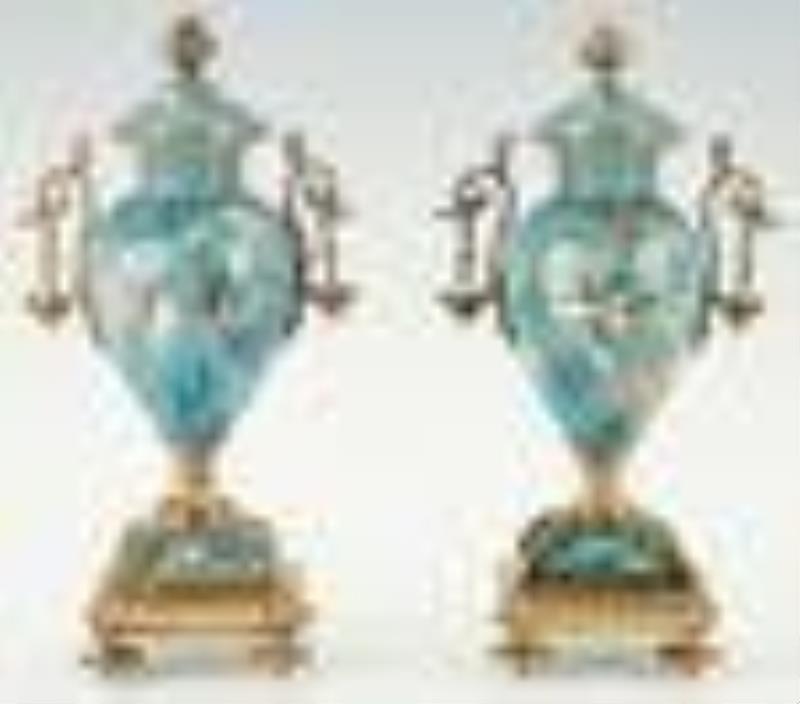 3 Pc. Cloisonne and Ormolu Clock Garniture Set, Japy