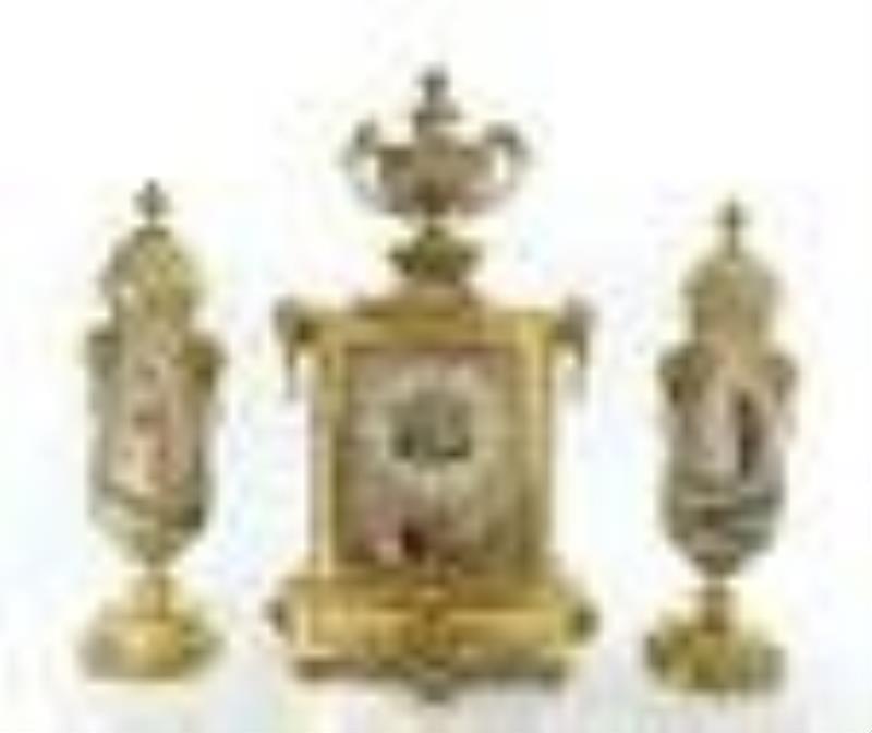 19th C. French Chinoiserie Bronze & Porcelain Clock Set