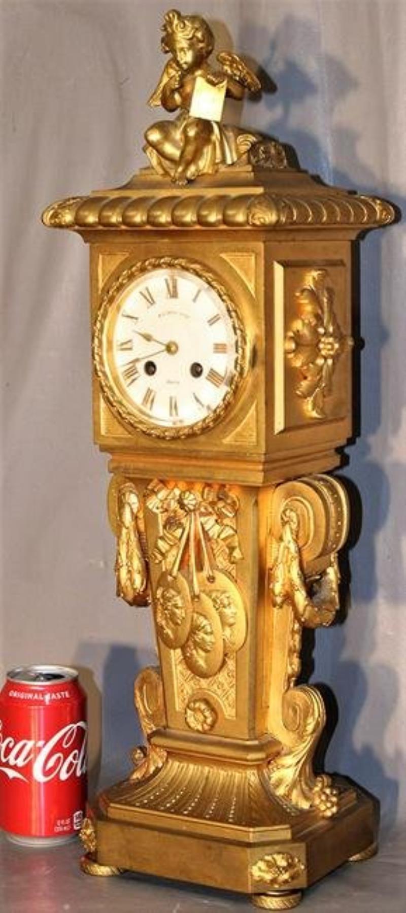 Heavy Monumental 2′ Solid Dore Bronze Clock Marked