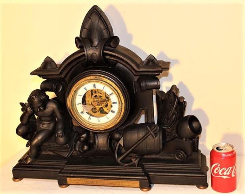 Rare Walnut Civil War Presentation Clock with Carved