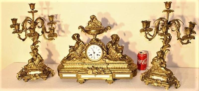 Large French Bronze 3 Piece Clock Set with Children and