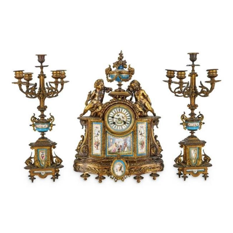 19th Cent. Sevres Porcelain & Bronze Clock Set