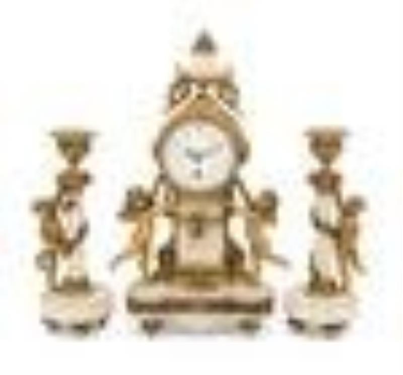 A French Gilt Bronze Mounted Marble Clock Garniture