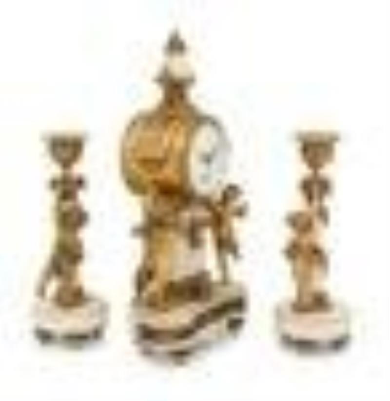 A French Gilt Bronze Mounted Marble Clock Garniture