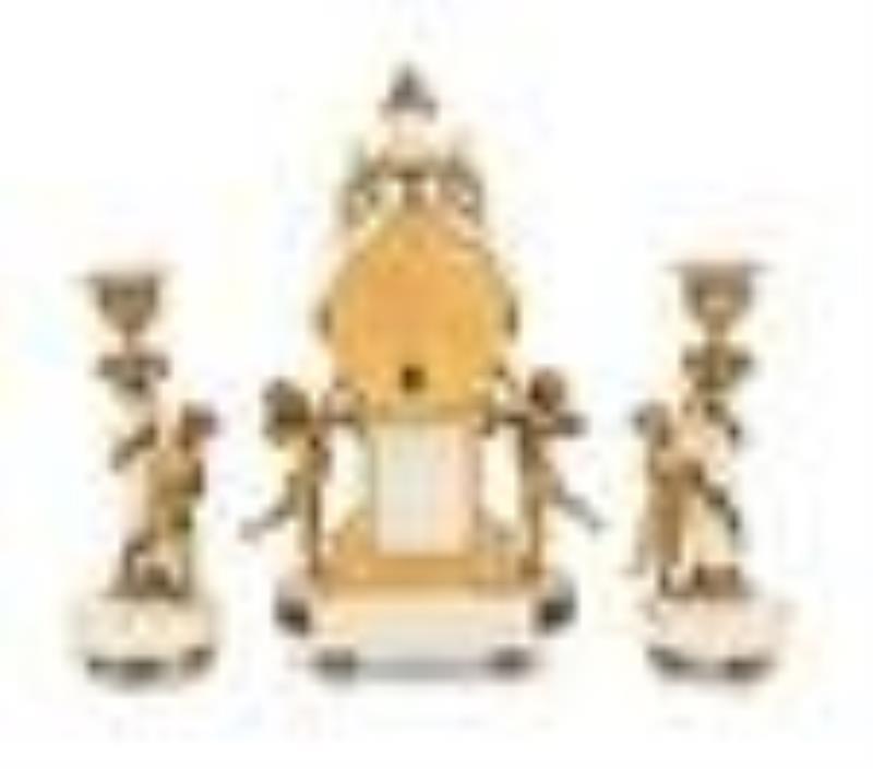 A French Gilt Bronze Mounted Marble Clock Garniture