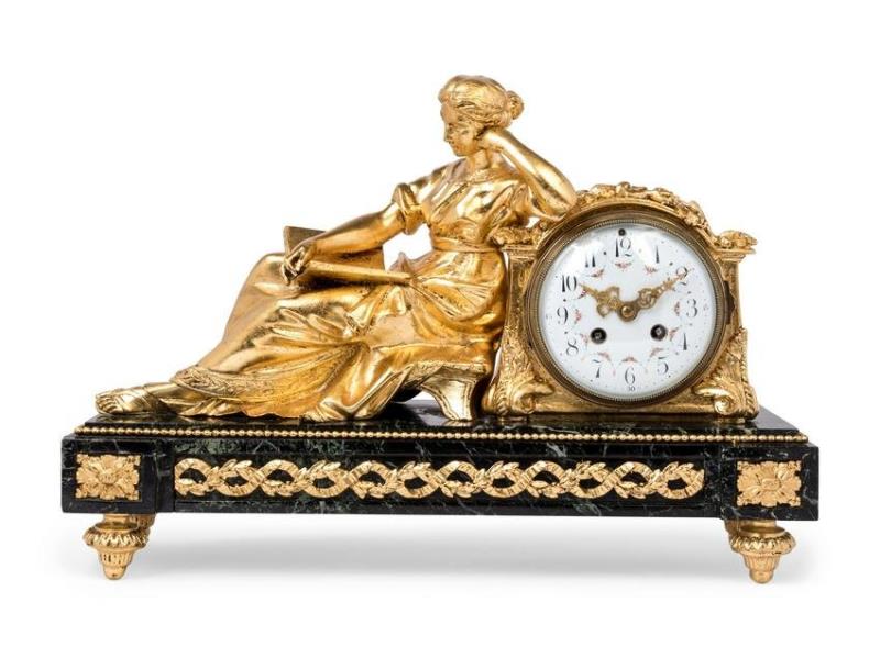 A French Gilt Bronze and Marble Figural Mantel Clock