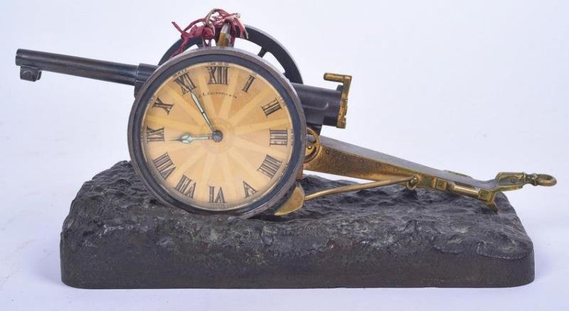 French bronze desk clock, artillery cannon