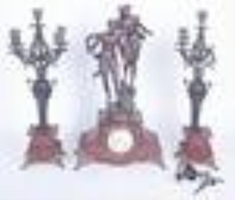 3 Pc French Rouge Marble Figural Mantel Clock Set