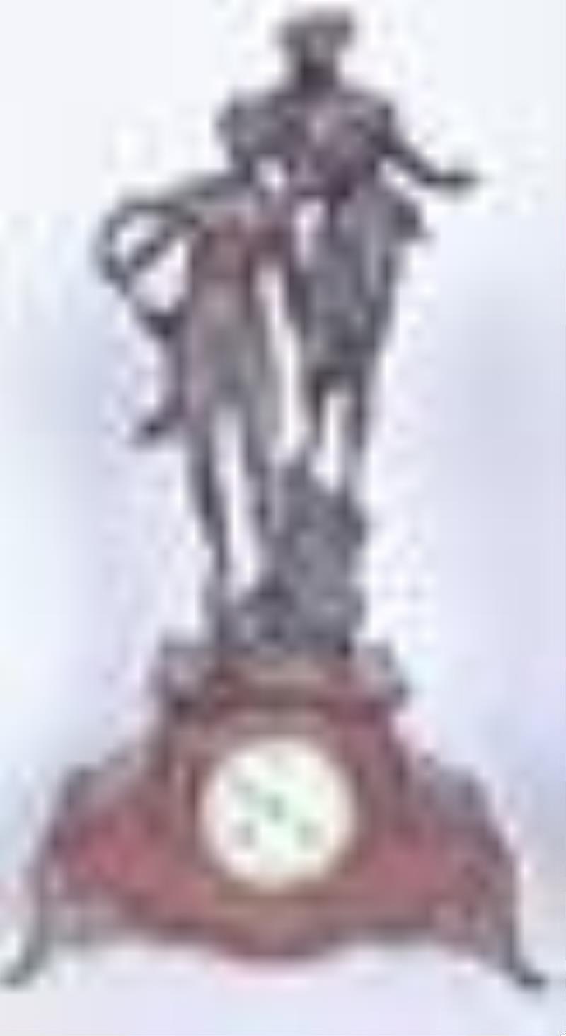 3 Pc French Rouge Marble Figural Mantel Clock Set