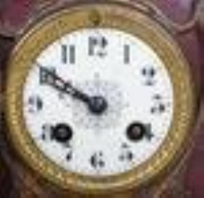 3 Pc French Rouge Marble Figural Mantel Clock Set