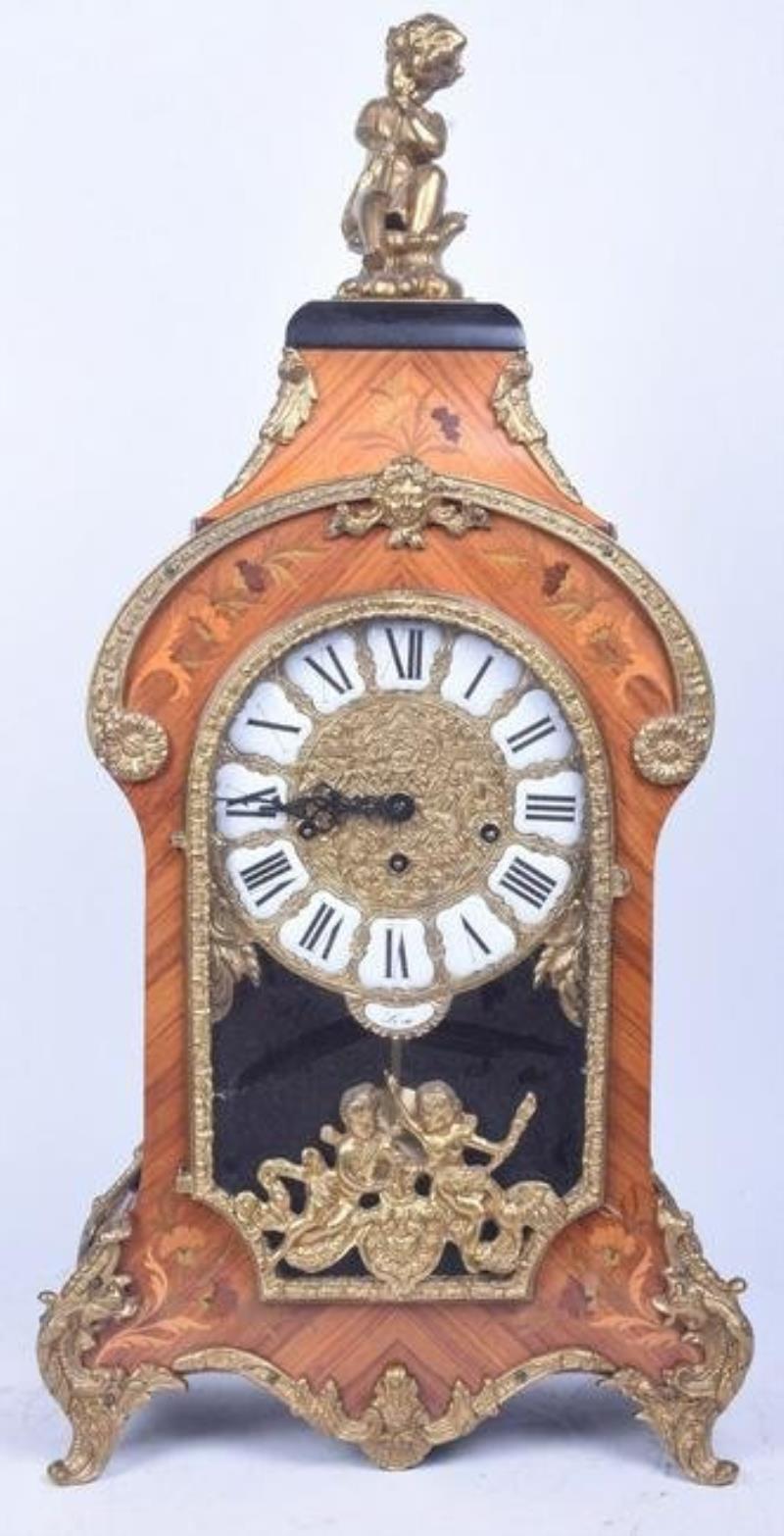 Repro Louis XVI Style Gilt Metal Marquetry Mantle Clock