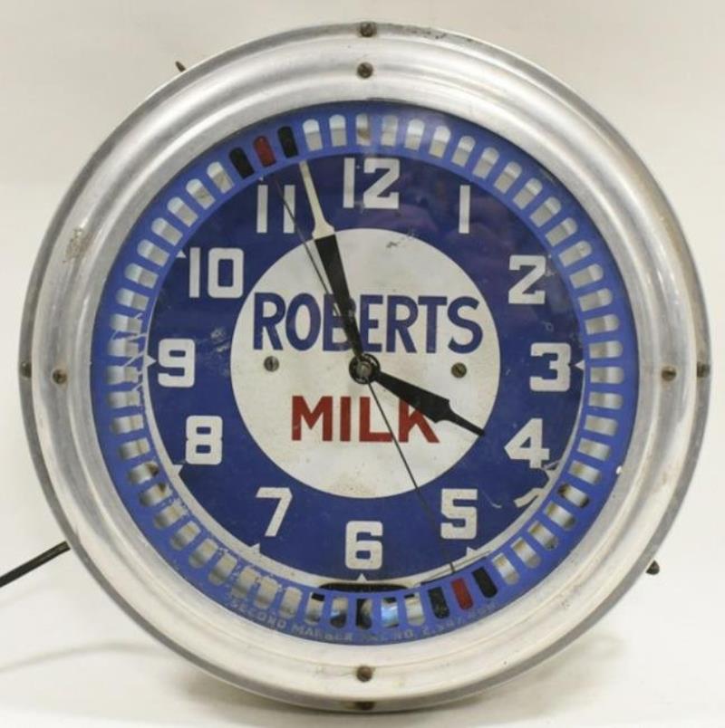 Vtg 15” Roberts Milk Neon Clock w/ Delayed Spinner