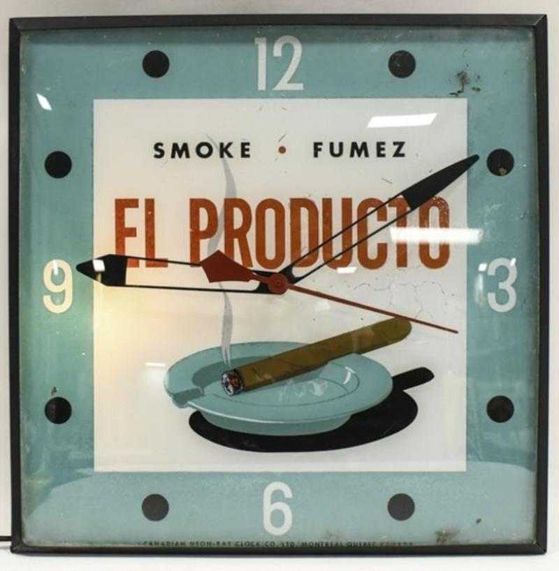 Vintage El Producto Cigars Lighted Glass Adv Clock