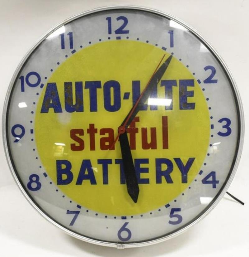 Vintage Auto-Lite Battery Glass Lighted Adv Clock