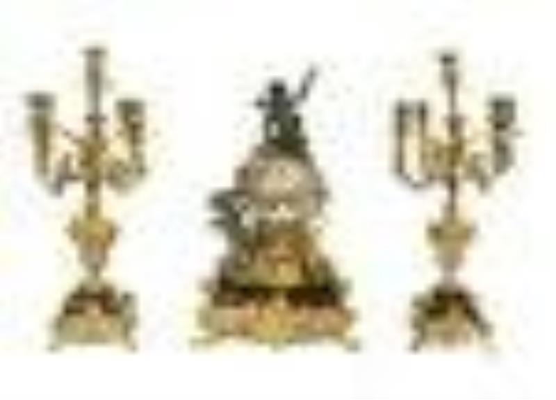 19th C. French Figural Bronze & Marble Clock Set