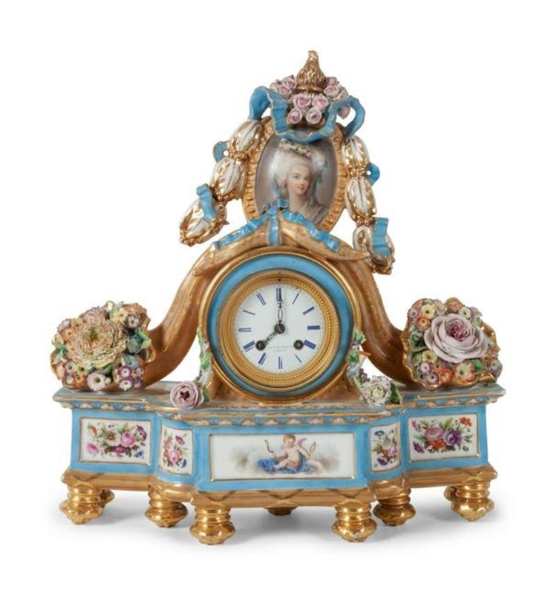 A Jacob Petit Porcelain Figural Mantle Clock the face