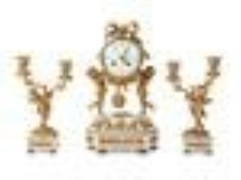 French Gilt Bronze and Marble Clock Garniture featuring