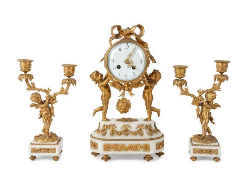 French Gilt Bronze and Marble Clock Garniture featuring