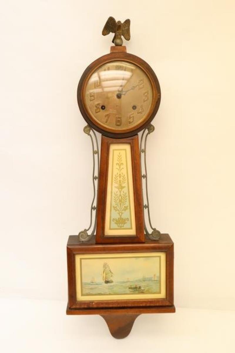 American 19th c. keywind banjo clock by Gilbert