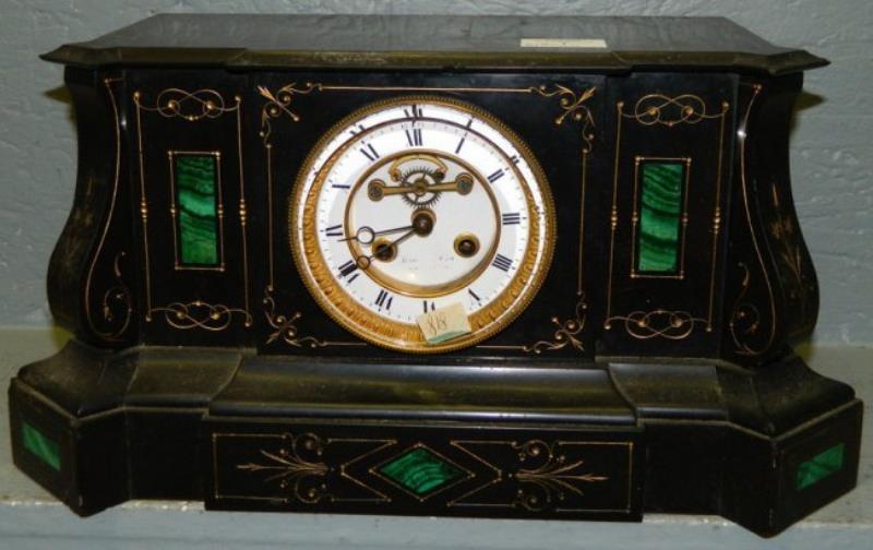 French marble mantle clock w/gold etching.