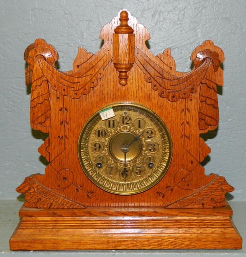 Seth Thomas carved oak Gothic  8 day clock.