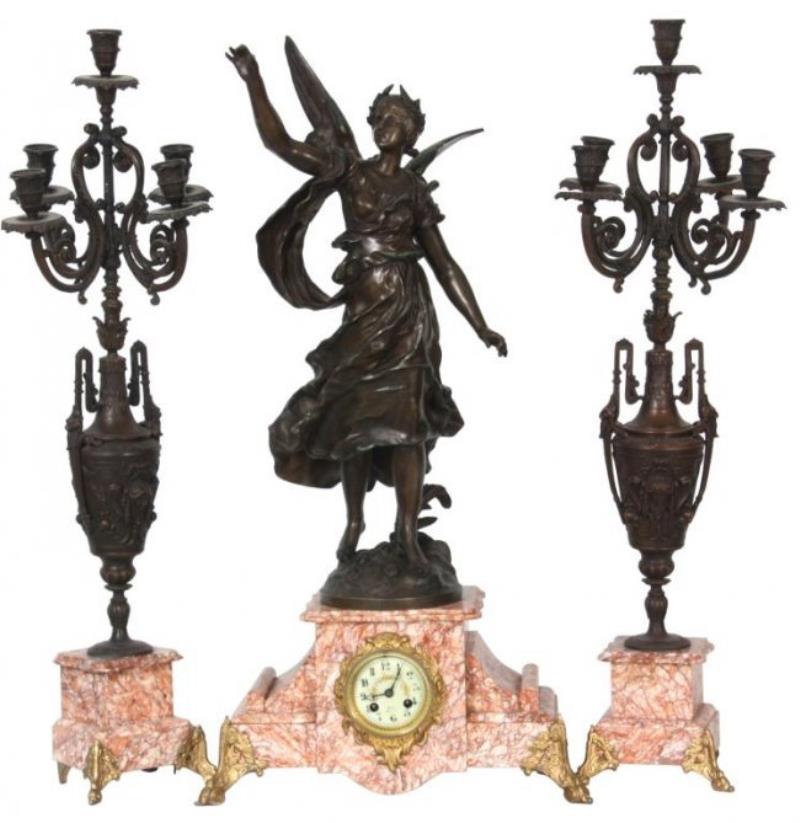 3 Pc. French Figural Moreau Mantle Clock