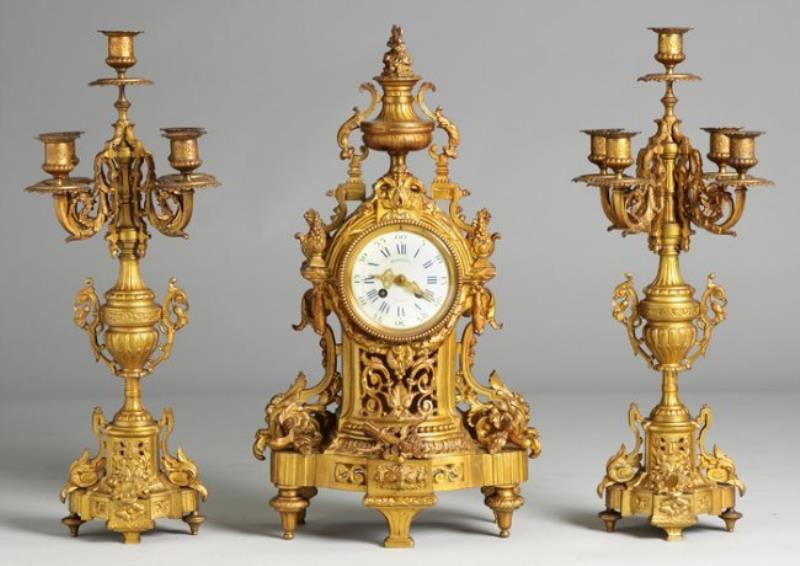 French Gilt Bronze 3 Piece Clock Set