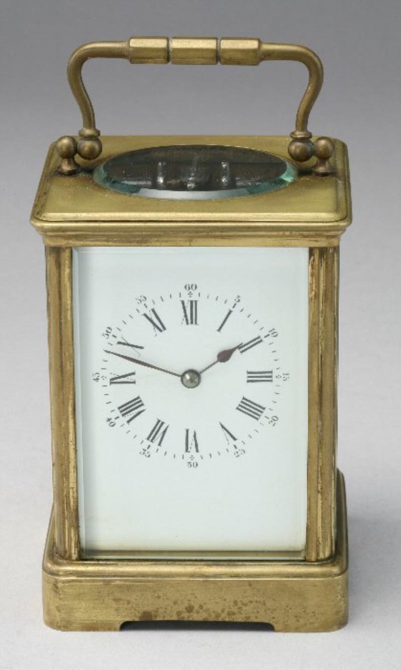 French carriage clock, the brass corniche case